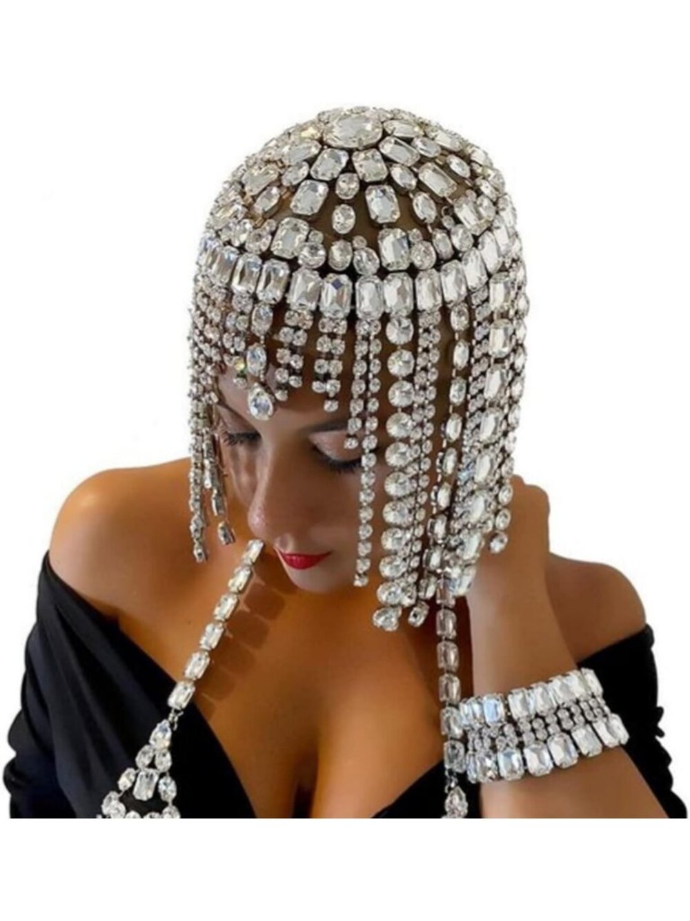 Vintage 1920s Rhinestone Headpiece Cap | Crystal Flapper Hair Accessories